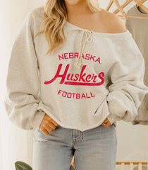 Nebraska Huskers Football Stencil Tie Off Shoulder Gray Hi Dive Sweatshirt