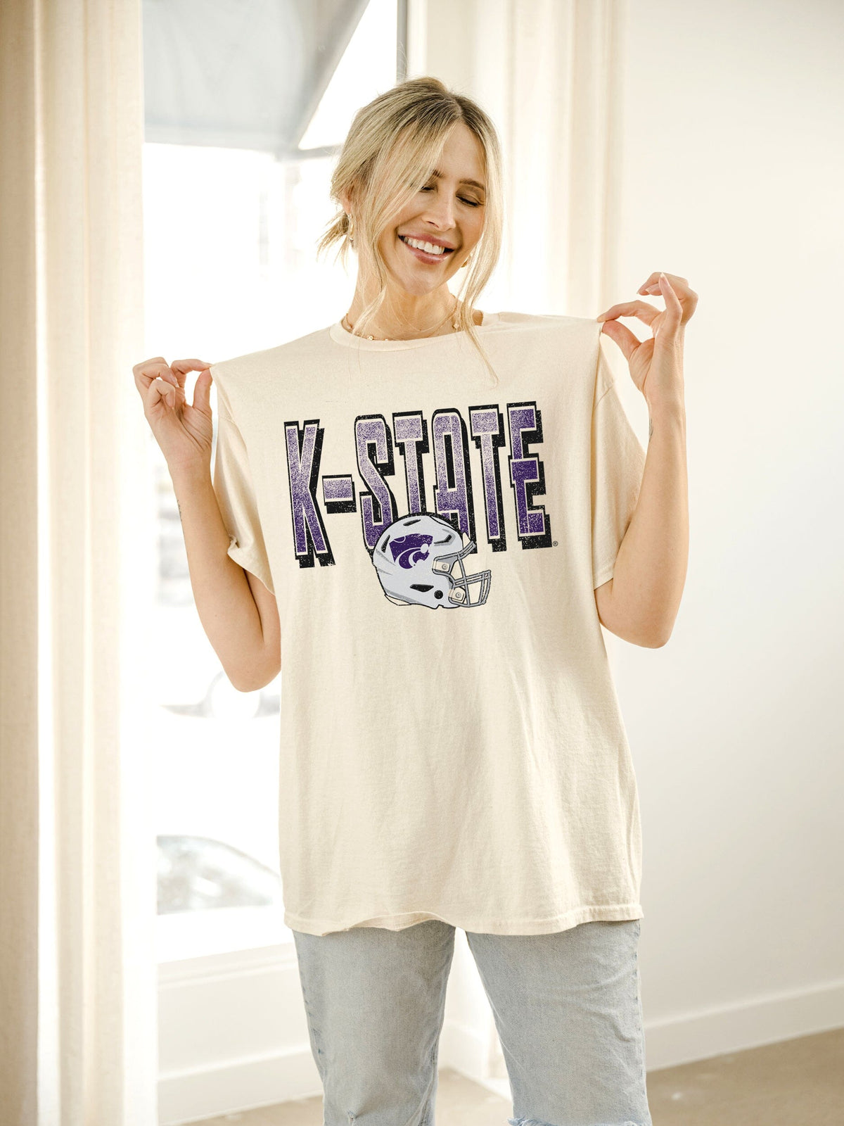 KSU Wildcats Helmet Fade Off White Thrifted Tee