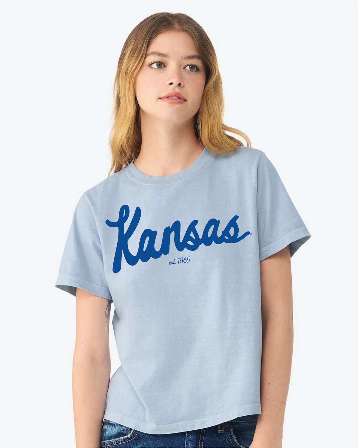 KU Jayhawks Bold Script Light Blue Ellie Heavyweight Tee