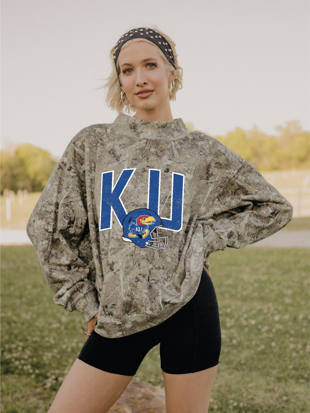 KU Jayhawks Helmet Fade Camo Weekend Mock Neck Sweatshirt