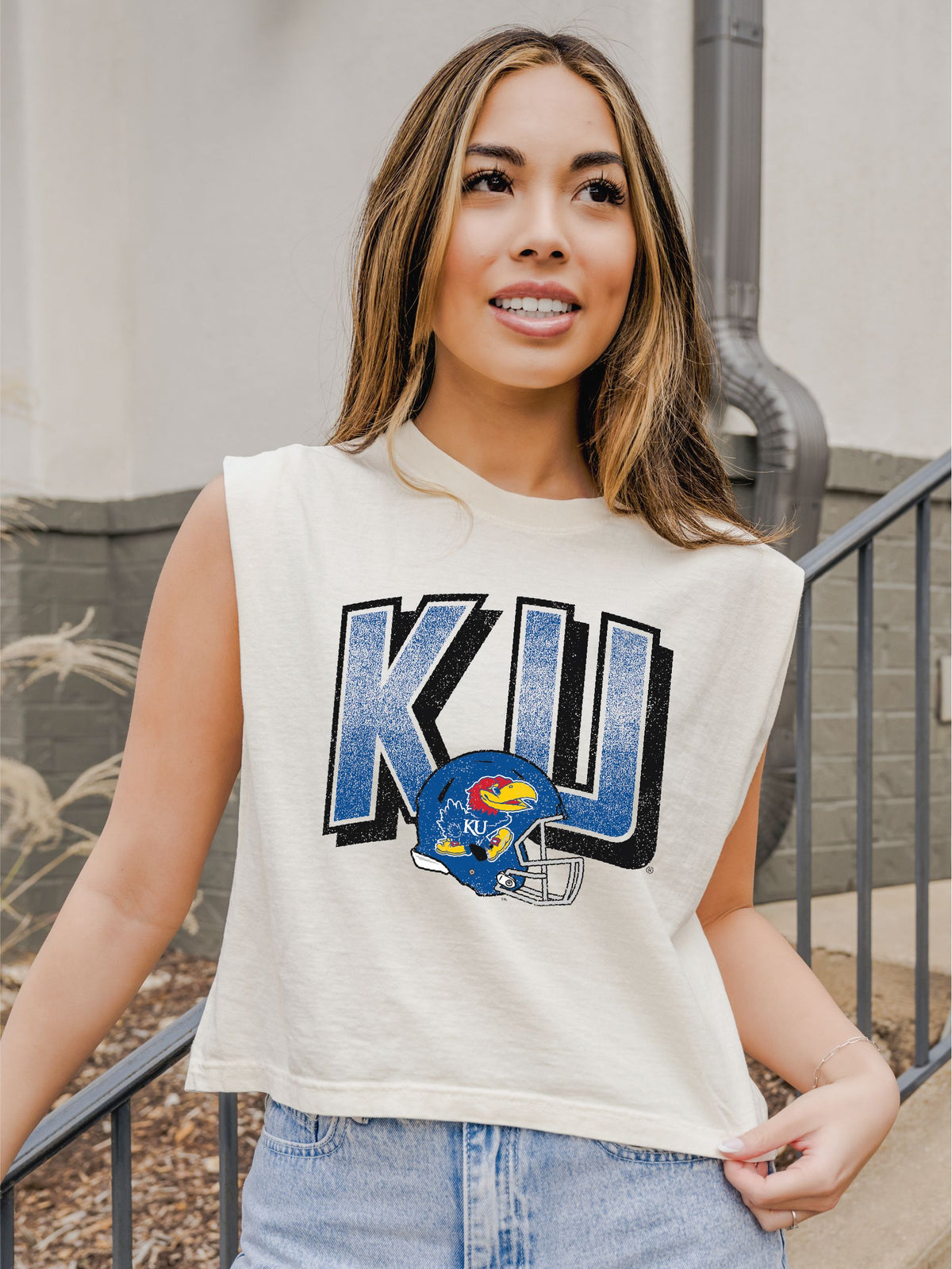 KU Jayhawks Helmet Fade Off White Tank