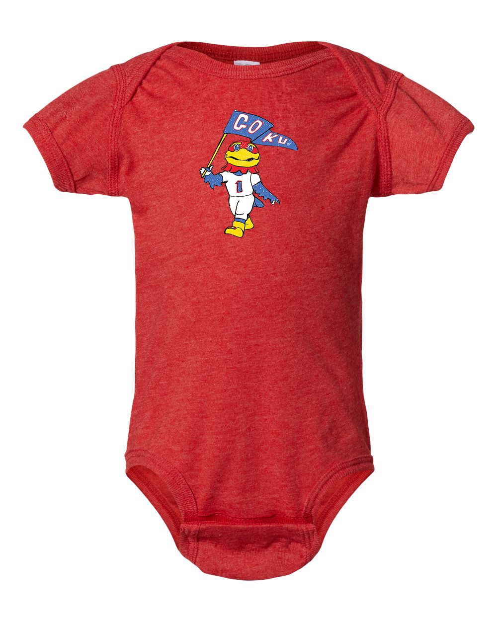Children's KU Jayhawks Mascot Flag Vintage Red Onesie