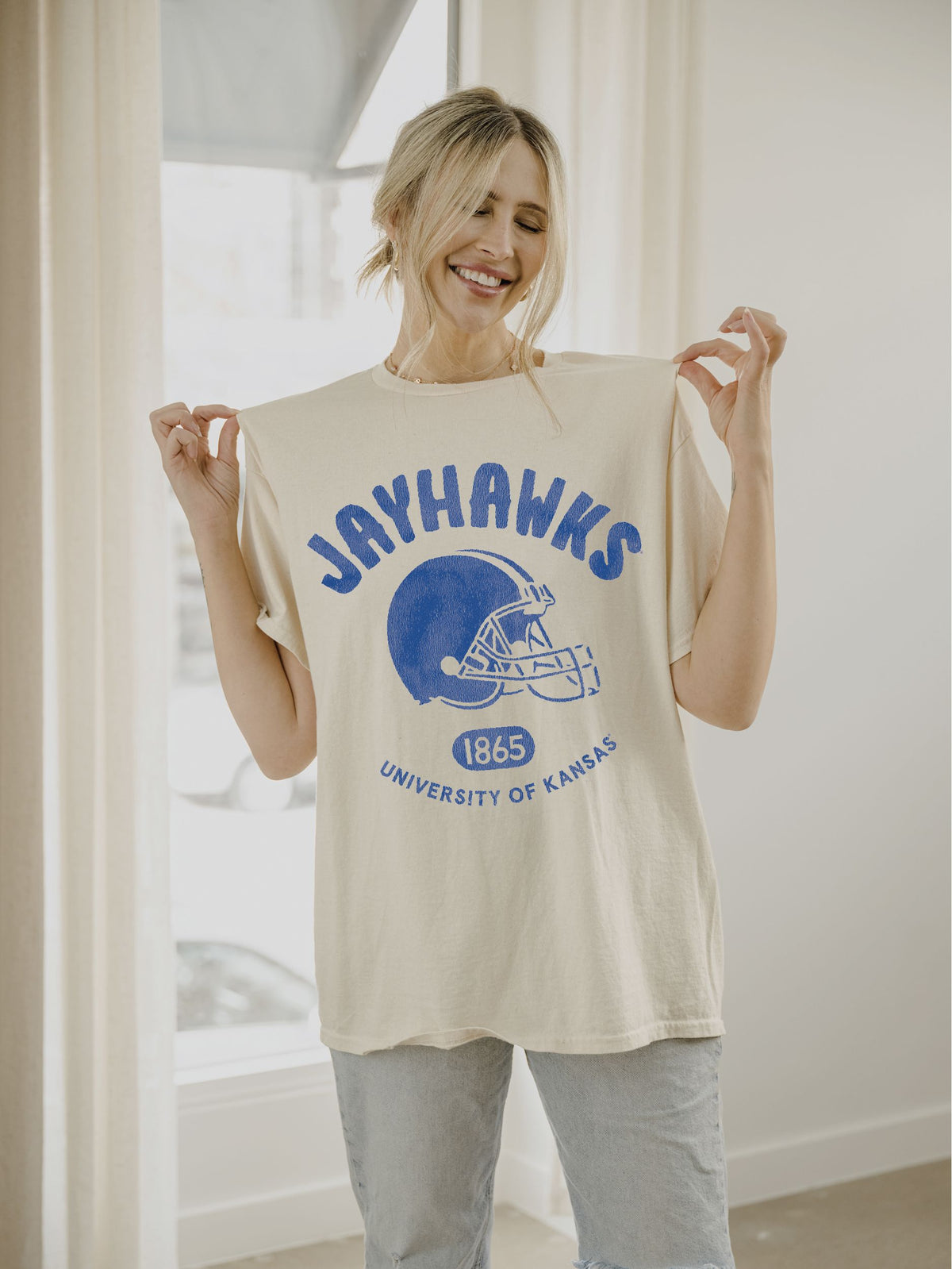 KU Jayhawks Varsity Stamp Off White Thrifted Tee