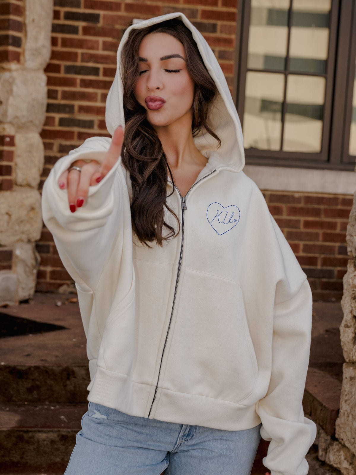 *COMING SOON* KU Jayhawks Heart Stitch Embroidered Off White Zip Up Hoodie