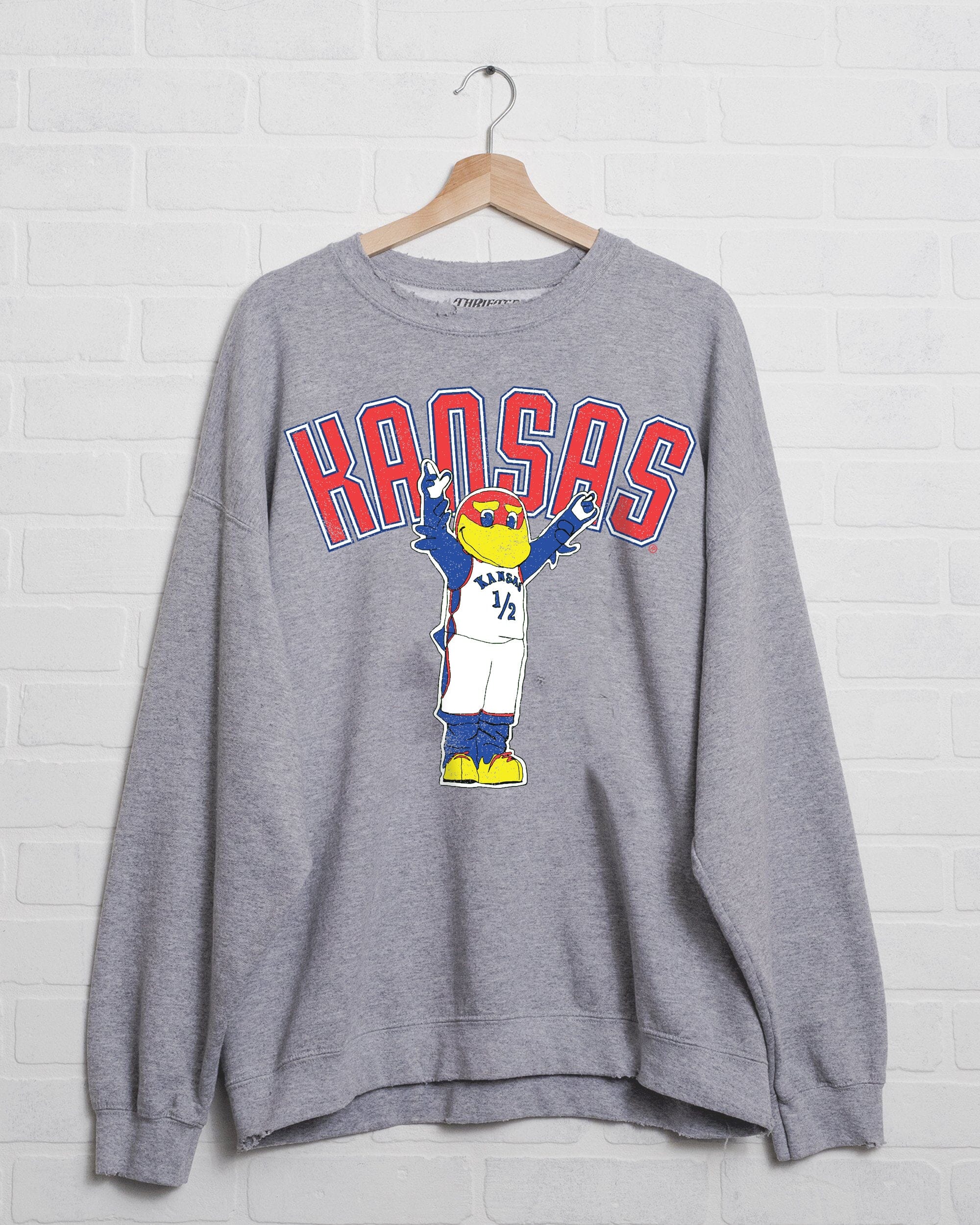 KU Jayhawks Cartoon Mascot Gray Thrifted Sweatshirt