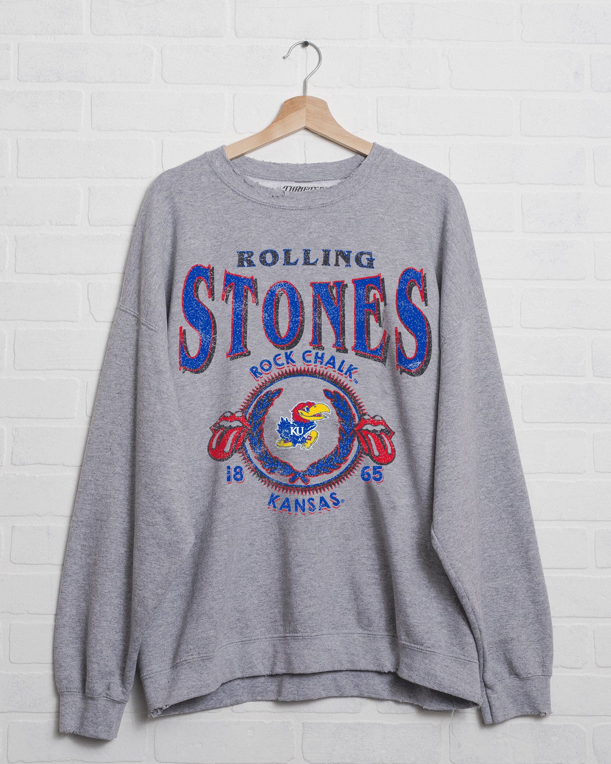 Rolling Stones KU Jayhawks College Seal Gray Thrifted Sweatshirt