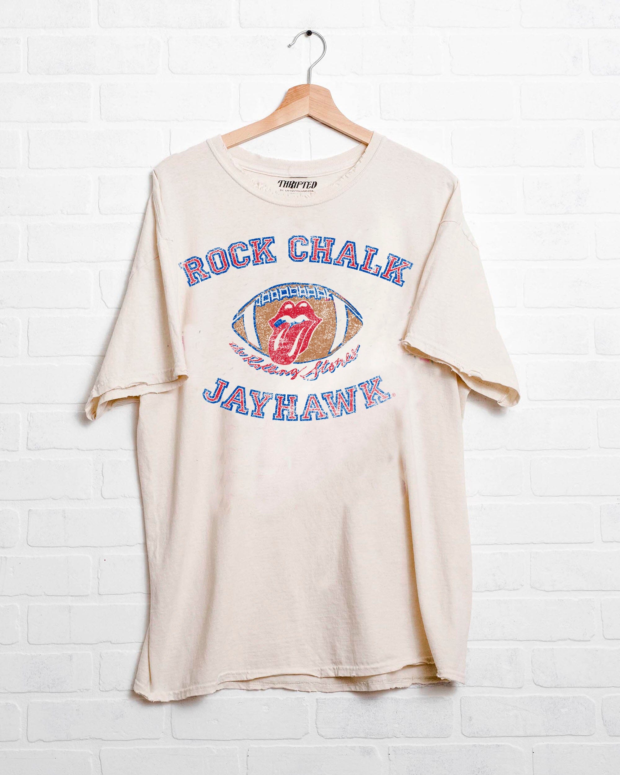 Rolling Stones KU Rock Chalk Jayhawks Football Lick Off White Thrifted Tee