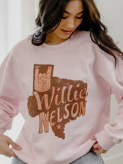 Willie Nelson UT Hook 'Em Horns Hand Sign Pink Thrifted Sweatshirt