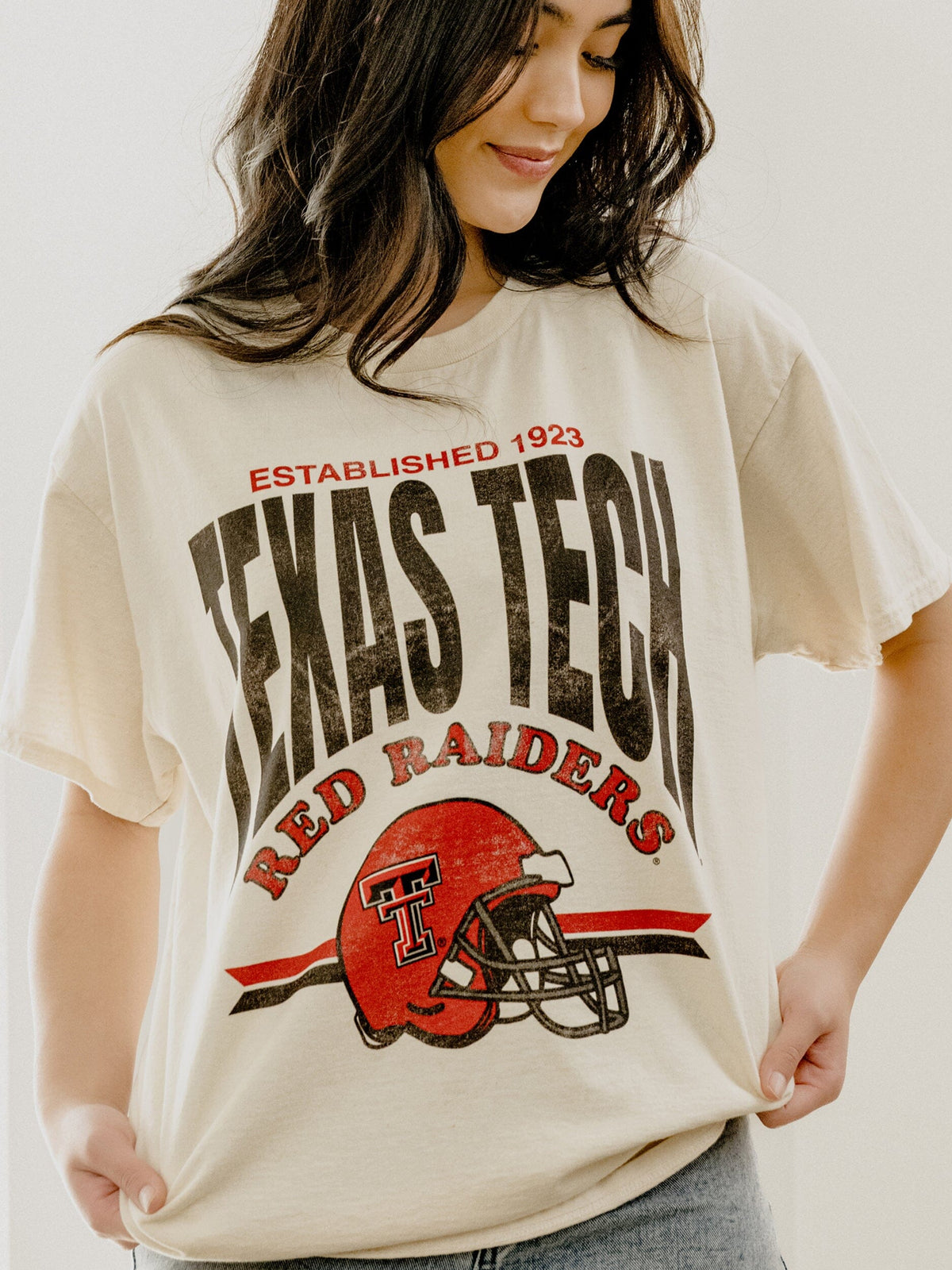Texas Tech Established Date Helmet Off White Thrifted Tee