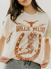 Willie Nelson UT Hook 'Em Boot Off White Thrifted Tee