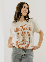 Willie Nelson UT Hook 'Em Boot Off White Thrifted Tee