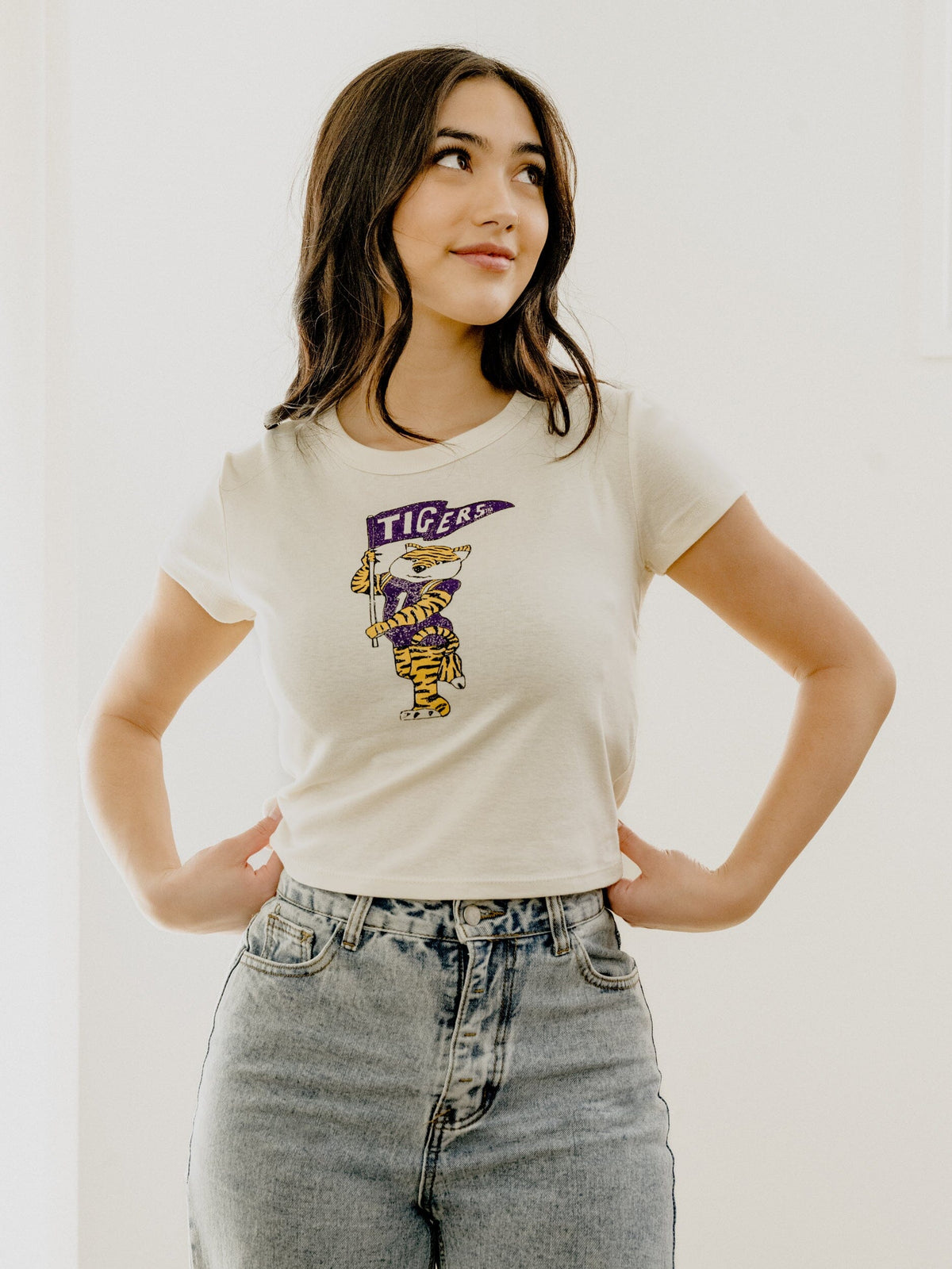 LSU Tigers Mascot Flag Off White Micro Cropped Tee