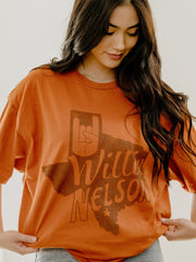 Willie Nelson UT Hook 'Em Horns Hand Sign Orange Thrifted Tee