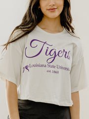 LSU Tigers Established Bows Off White Cropped Tee