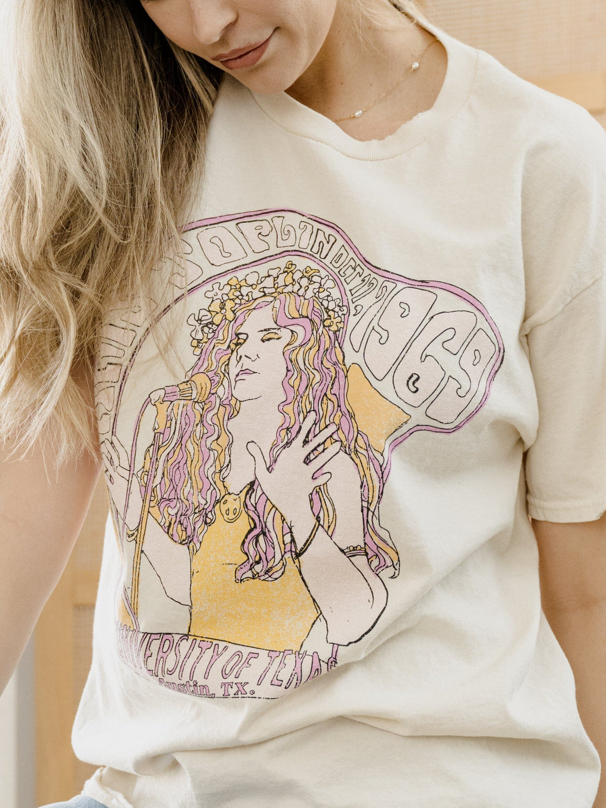 Janis Joplin University of Texas Concert Off White Thrifted Tee