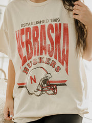 Nebraska Huskers Established Date Helmet Off White Thrifted Tee