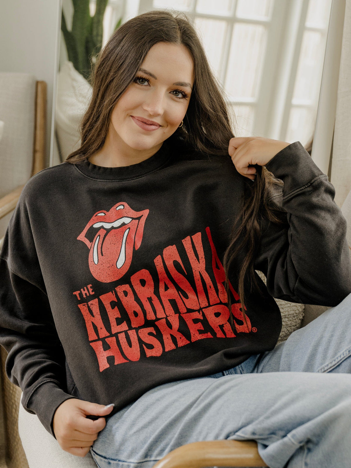 Rolling Stones Nebraska Huskers Dazed Smoke Oversized Crew Sweatshirt