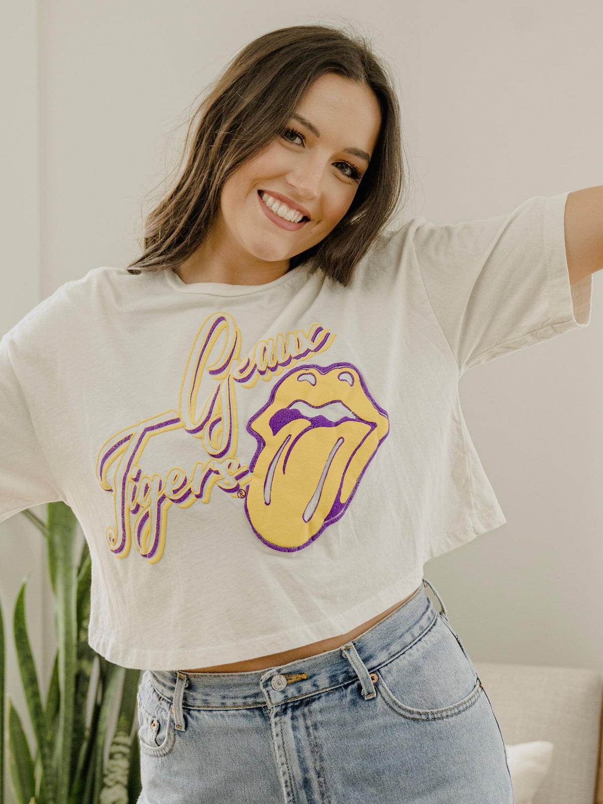 Rolling Stones LSU Tigers Malibu Puff Ink Off White Cropped Tee