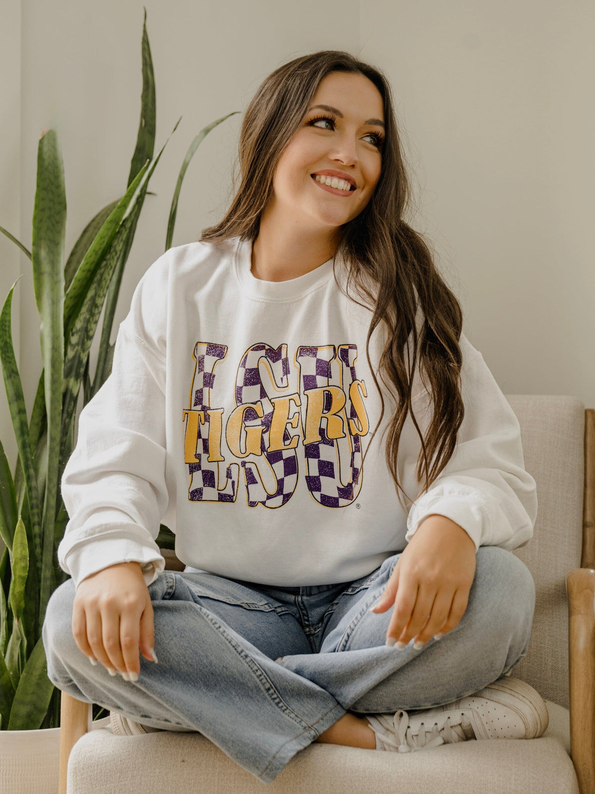 LSU Tigers Twisted Check White Thrifted Sweatshirt