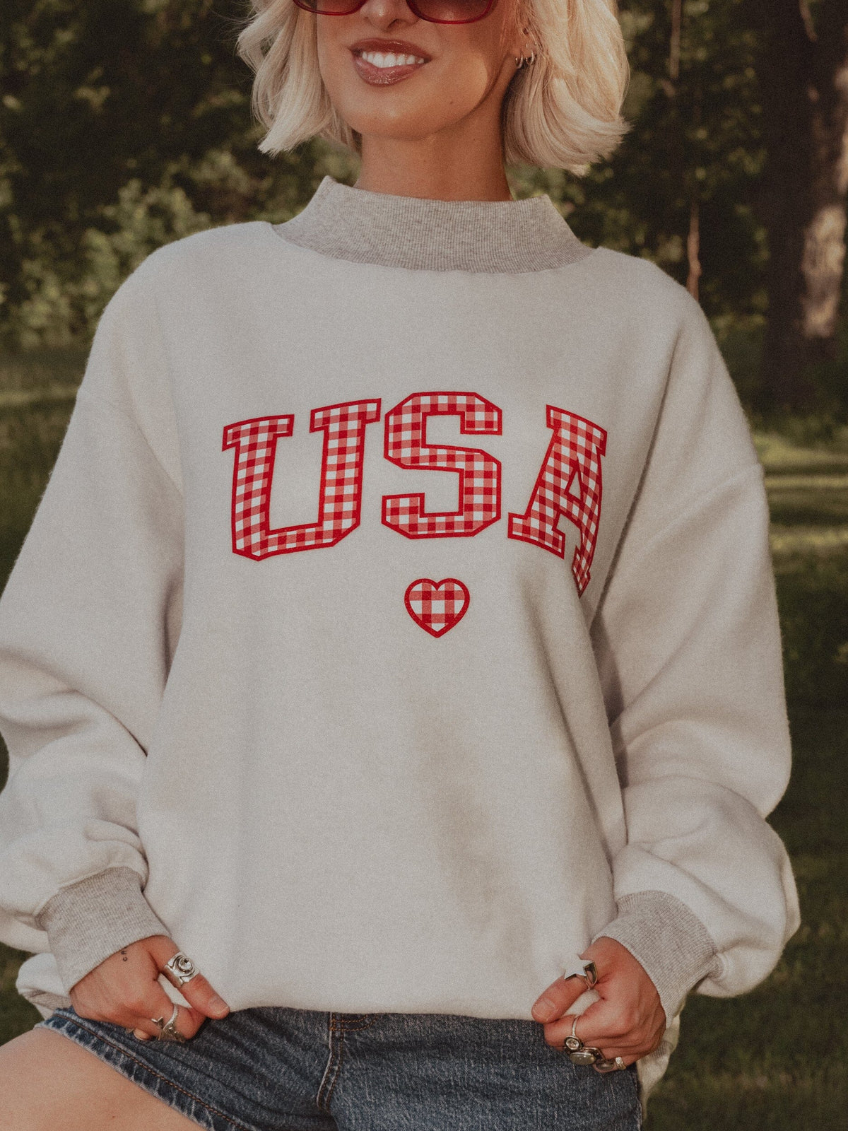 USA Gingham Heart Gray Mock Neck Reversible Sweatshirt