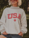 USA Gingham Heart Gray Mock Neck Reversible Sweatshirt