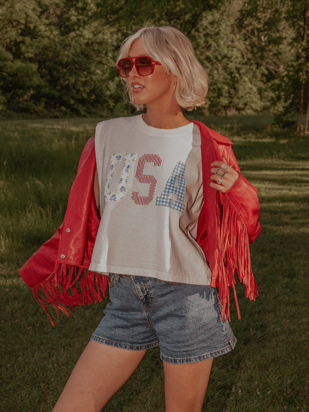 USA Quilted Puff Ink Off White Tank