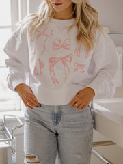 Bows White Cropped Corded Crew Sweatshirt