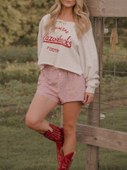 Arkansas Razorbacks Football Stencil Tie Off Shoulder Gray Hi Dive Sweatshirt
