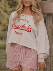 Arkansas Razorbacks Football Stencil Tie Off Shoulder Gray Hi Dive Sweatshirt