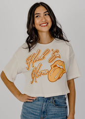 Rolling Stones Hook 'Em Horns Malibu Puff Ink Off White Cropped Tee