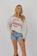 OU Sooners Football Stencil Tie Off Shoulder Gray Hi Dive Sweatshirt