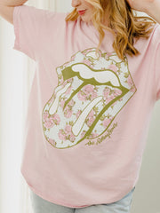Rolling Stones Floral Lick Pink Thrifted Distressed Tee