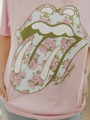 Rolling Stones Floral Lick Pink Thrifted Distressed Tee