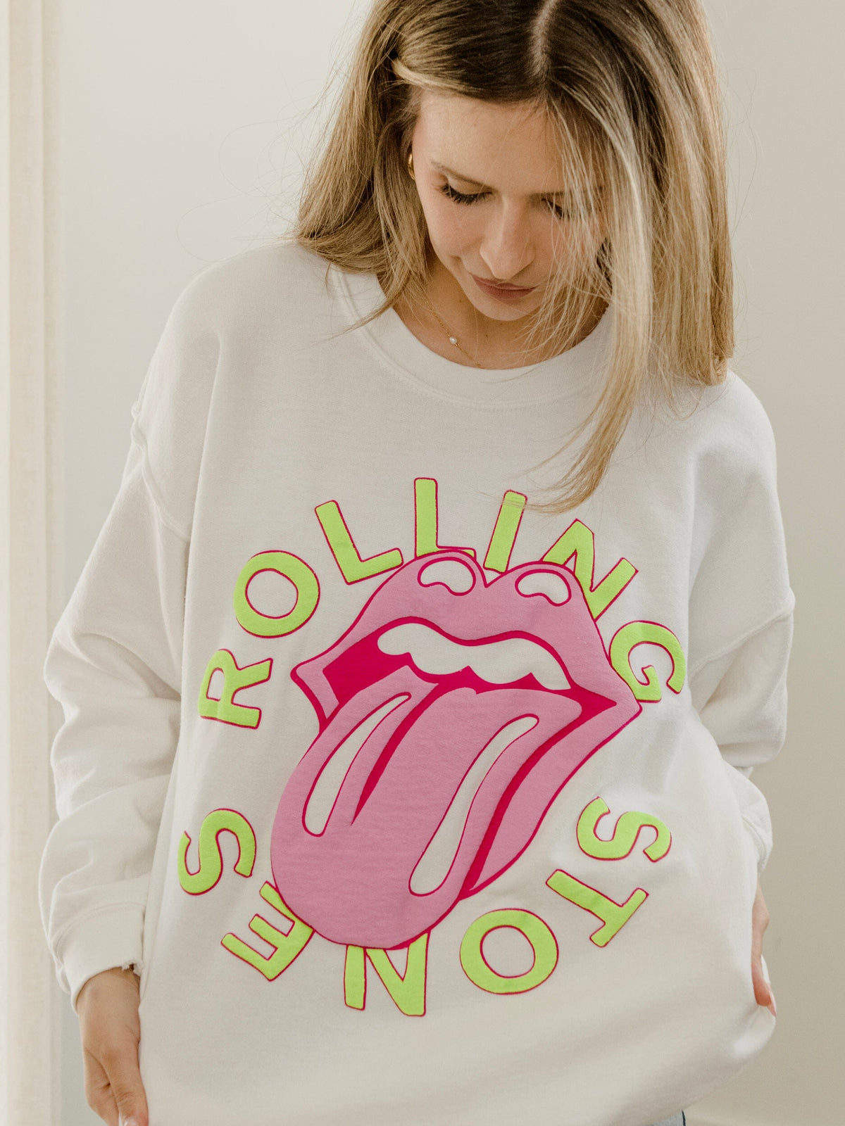Rolling Stones Neon Puff Classic Lick White Thrifted Sweatshirt