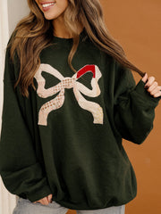 Christmas Bow Quilted Applique Green Thrifted Sweatshirt