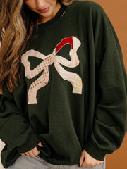 Christmas Bow Quilted Applique Green Thrifted Sweatshirt