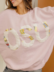 Large OSU Quilted Applique Pink Thrifted Sweatshirt