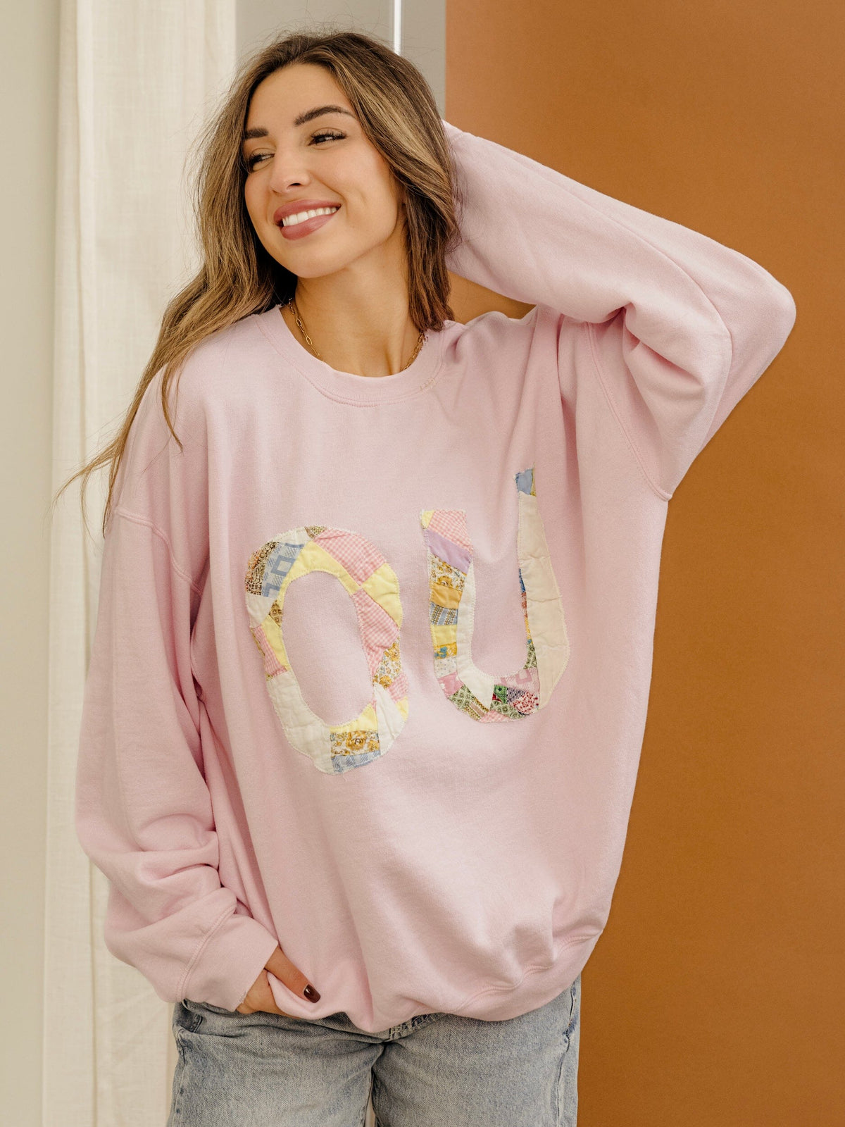 Large OU Quilted Applique Pink Thrifted Sweatshirt