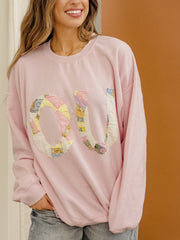 Large OU Quilted Applique Pink Thrifted Sweatshirt