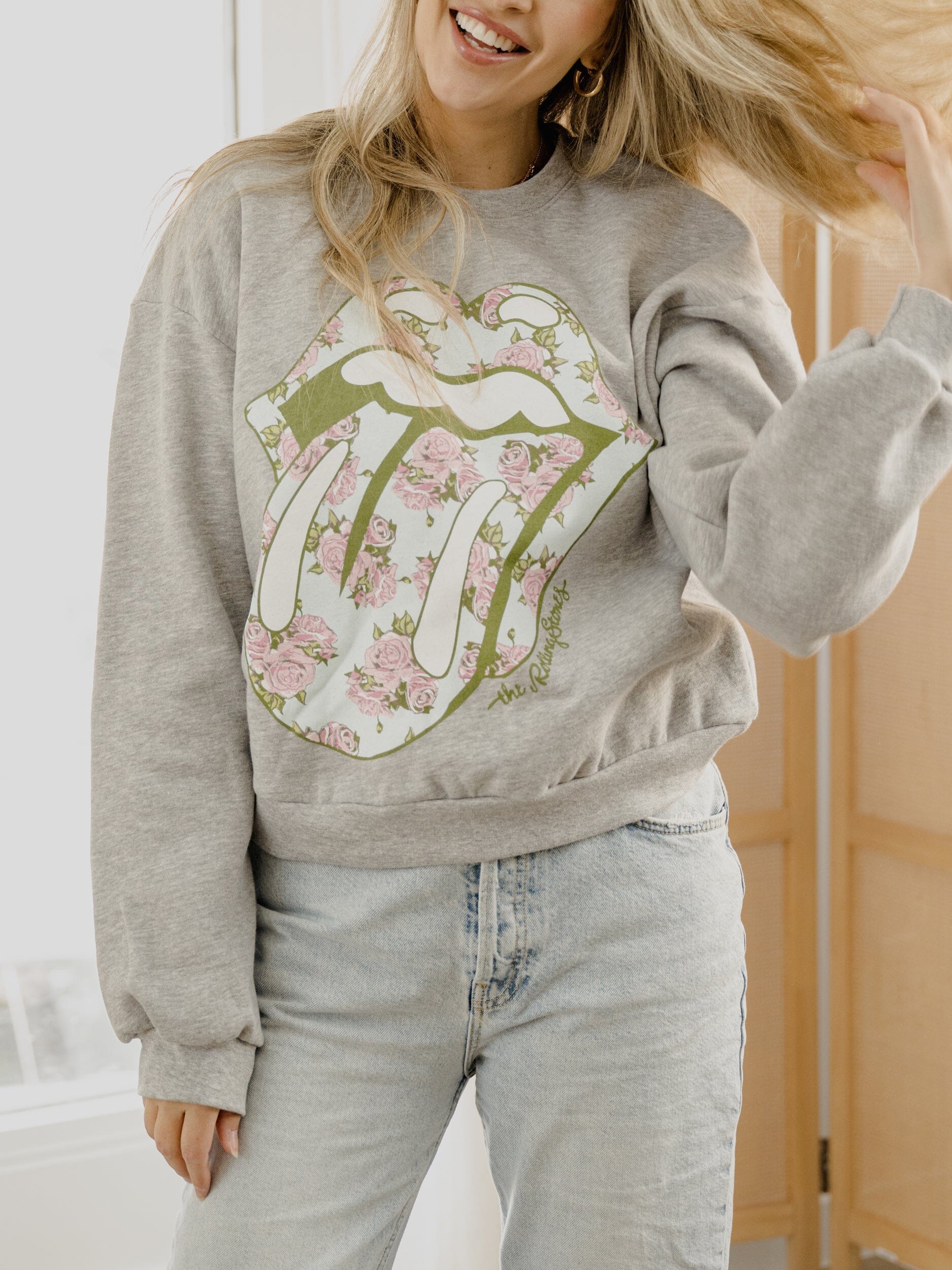 Rolling Stones Floral Lick Gray Fleece Raglan Sweatshirt