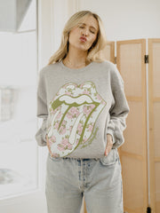 Rolling Stones Floral Lick Gray Fleece Raglan Sweatshirt