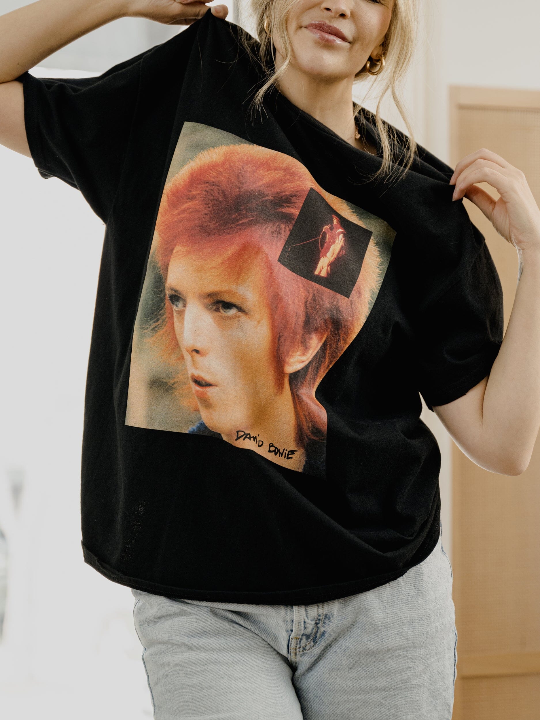 David Bowie Overlapping Pic Black Thrifted Distressed Tee