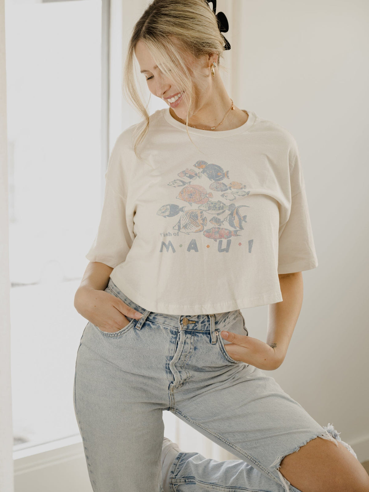Fish of Maui Off White Cropped Tee