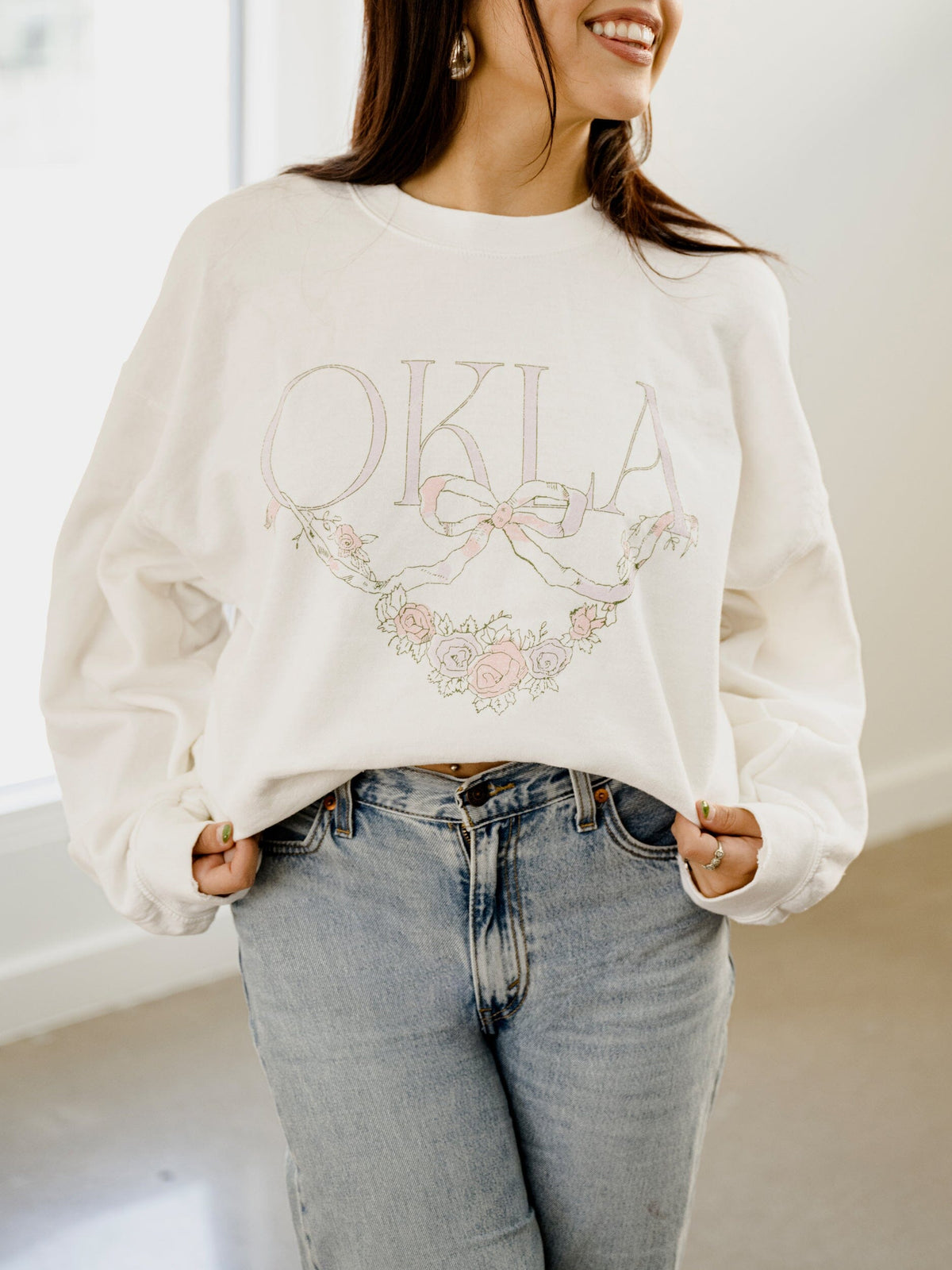 OKLA Swag White Thrifted Sweatshirt