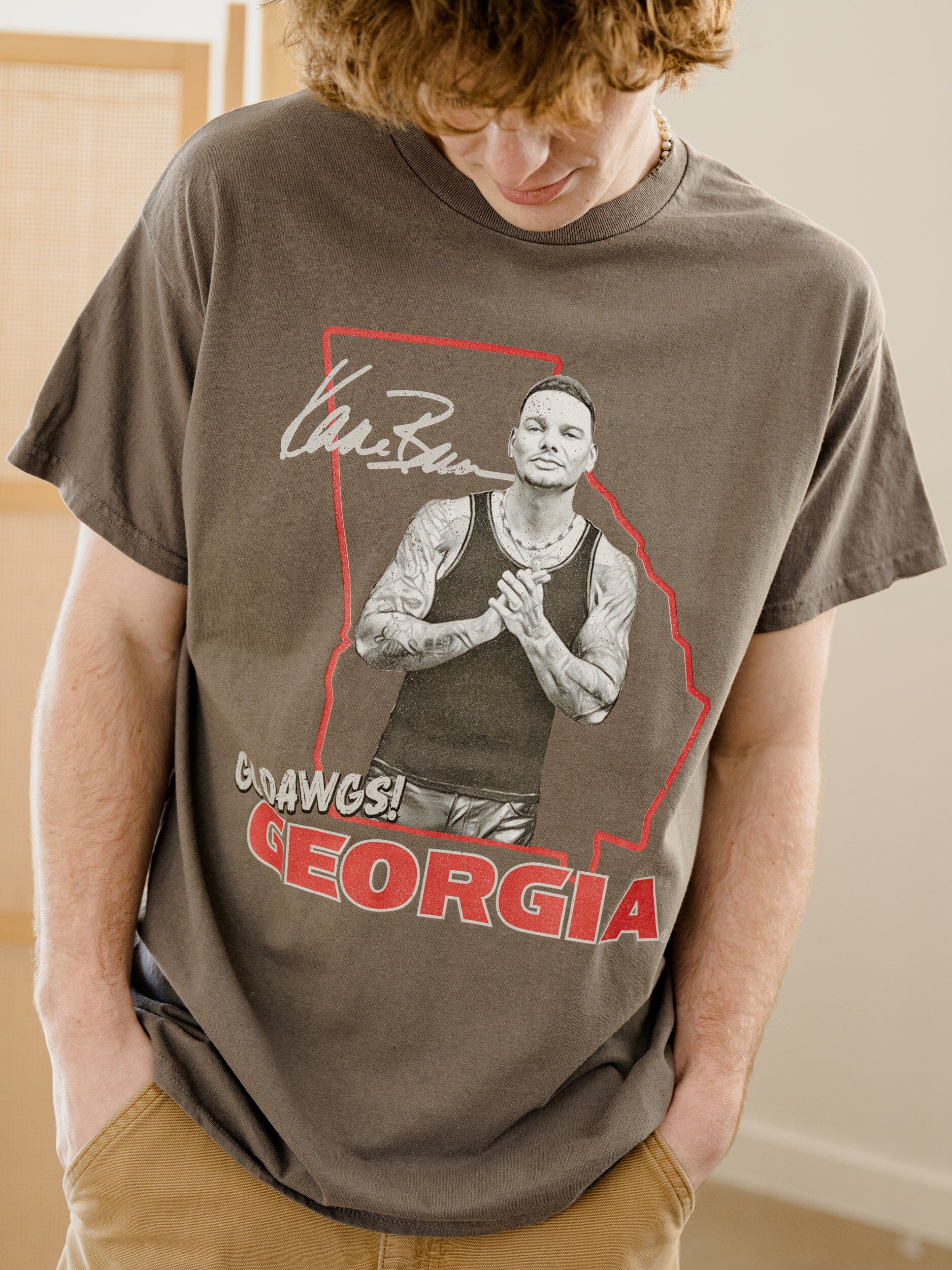 Kane Brown UGA Go Dawgs State Outline Charcoal Thrifted Distressed Tee
