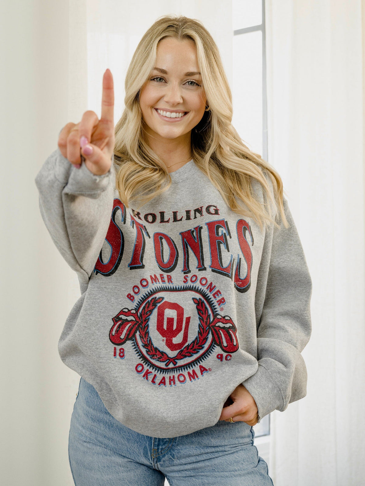 Rolling Stones OU College Seal Gray Thrifted Sweatshirt