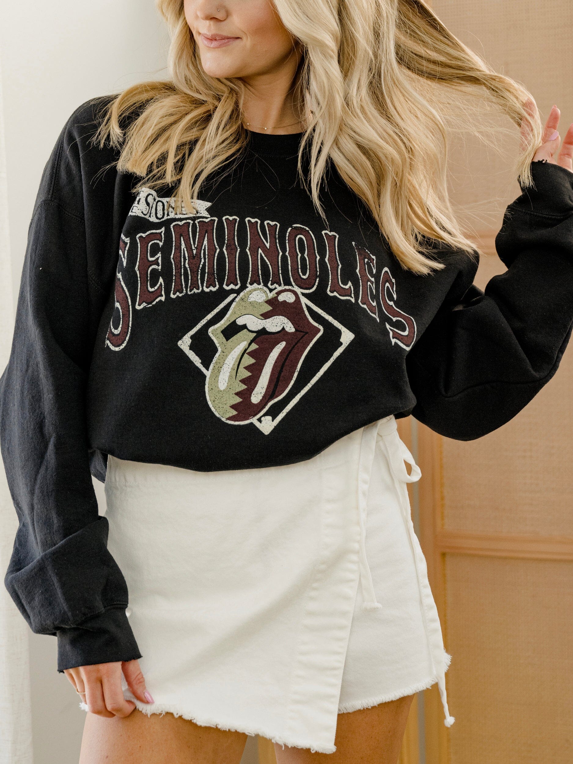 Rolling Stones FSU Seminoles Baseball Diamond Black Thrifted Sweatshirt