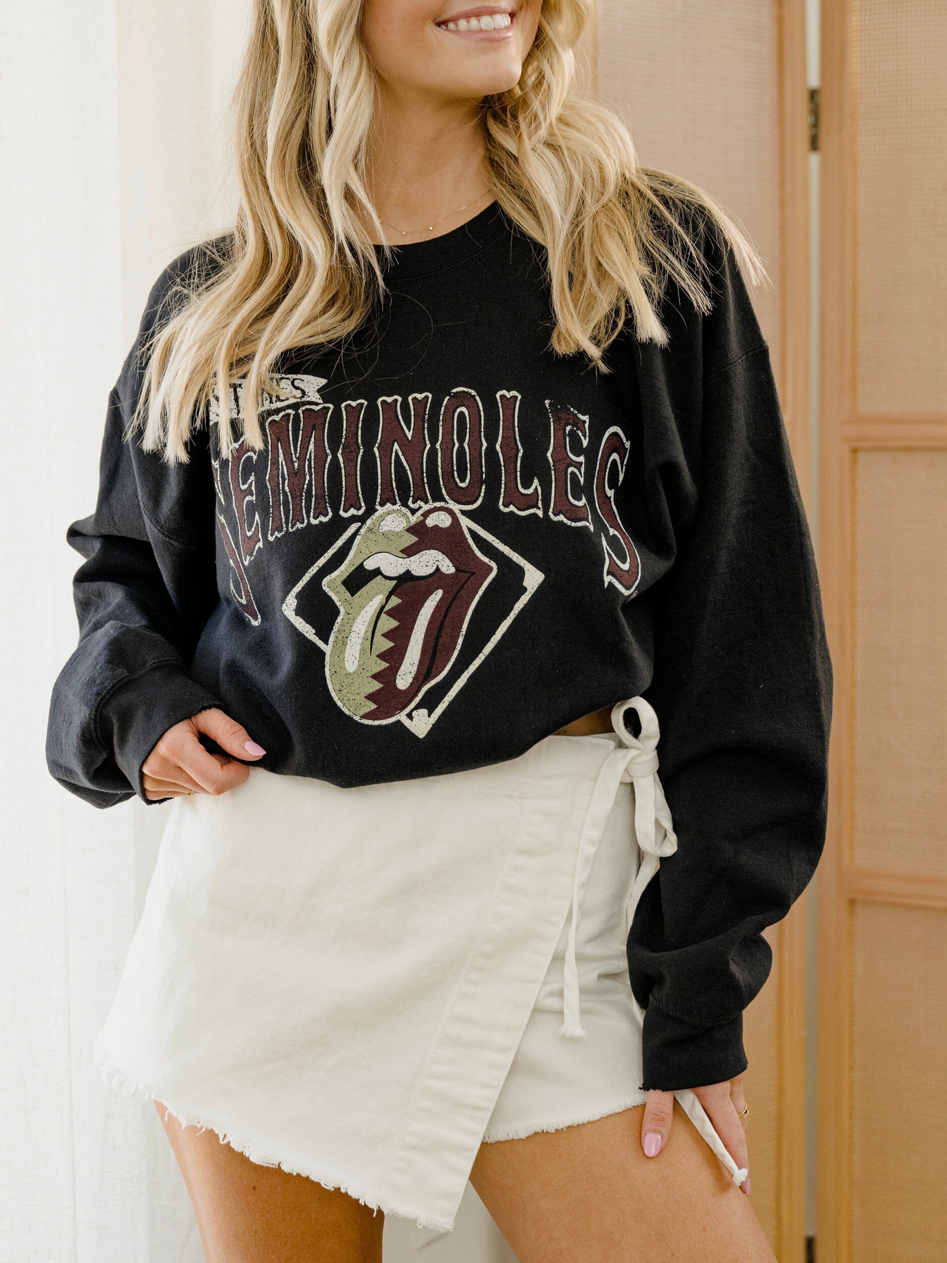 Rolling Stones FSU Seminoles Baseball Diamond Black Thrifted Sweatshirt