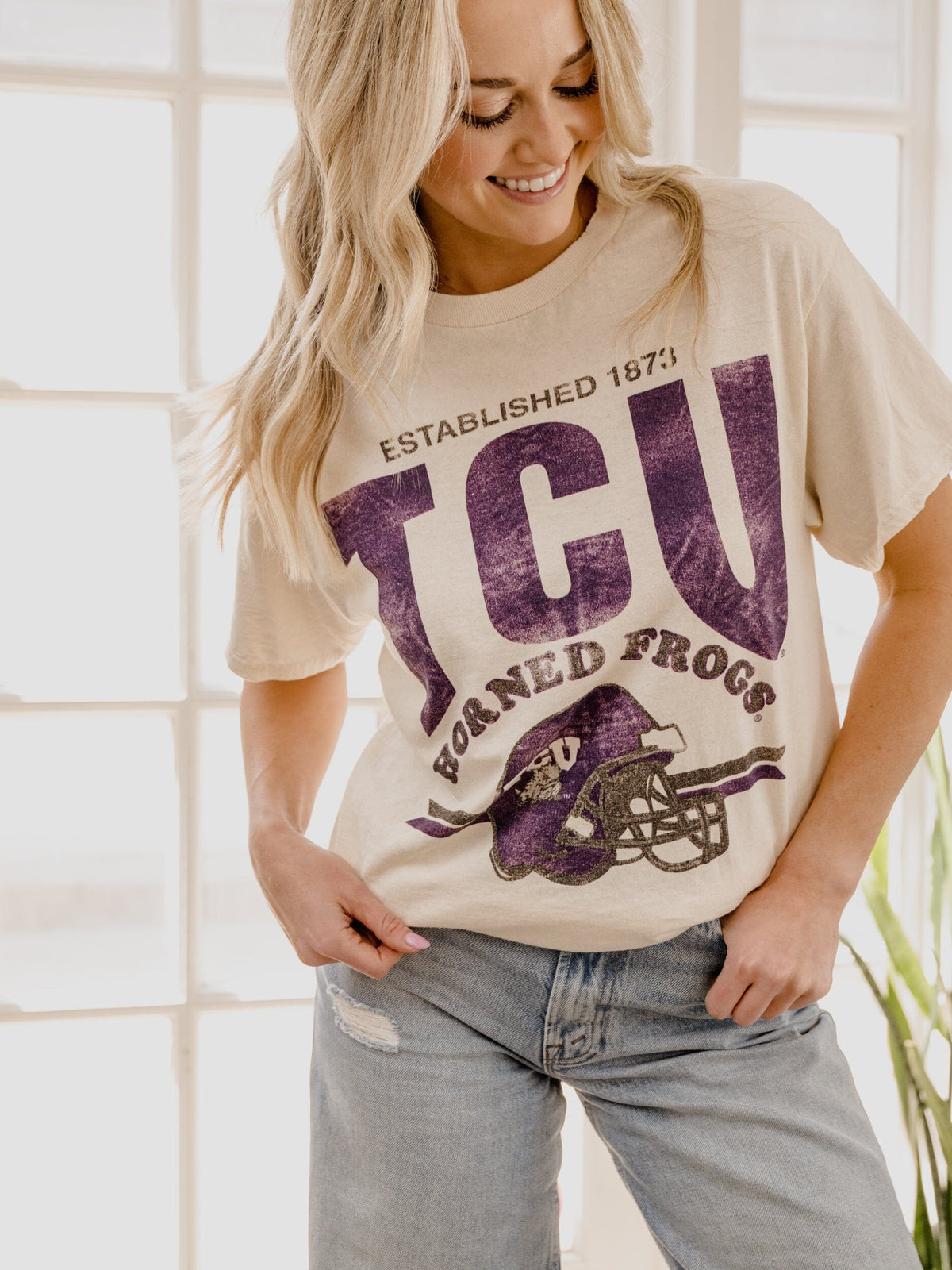 TCU Horned Frogs Established Date Helmet Off White Thrifted Tee