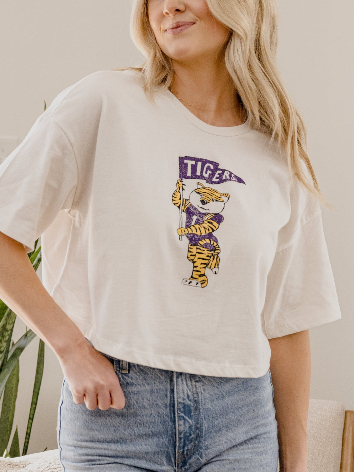 LSU Tigers Mascot Flag Off White Cropped Tee